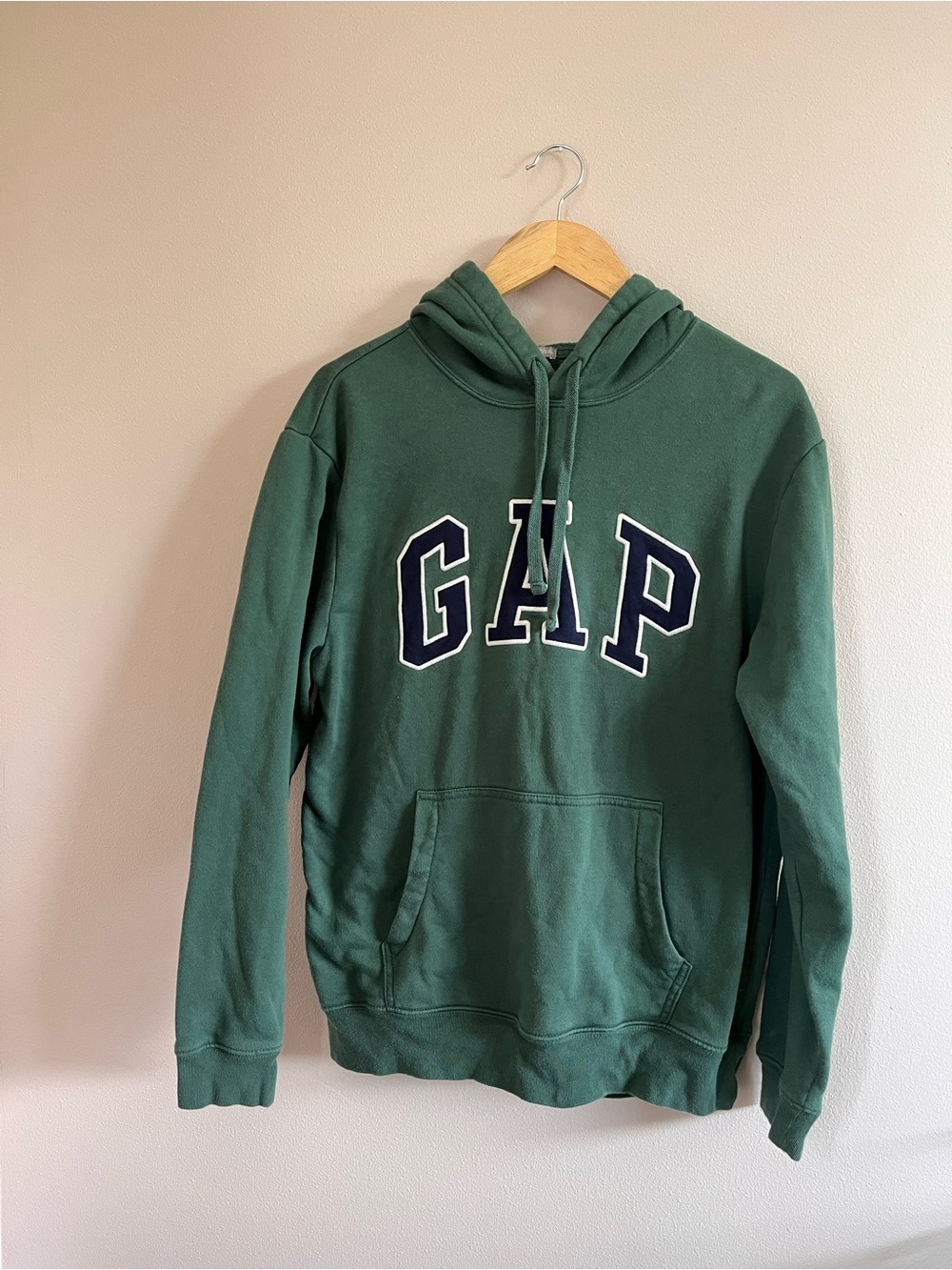GAP Men's Dark Green Crewneck Hoodie with Navy Lettering